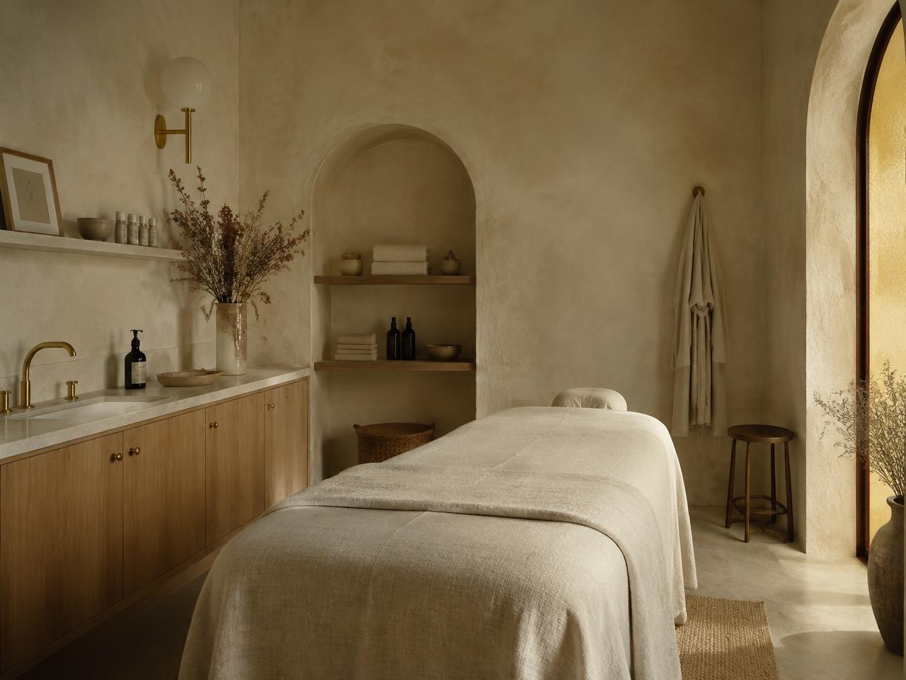 Treatment room with limewashed plaster walls and an arched alcove