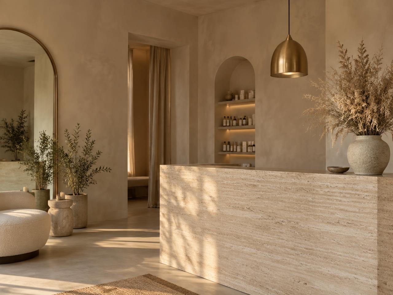 Studio reception with an arched mirror and travertine counter