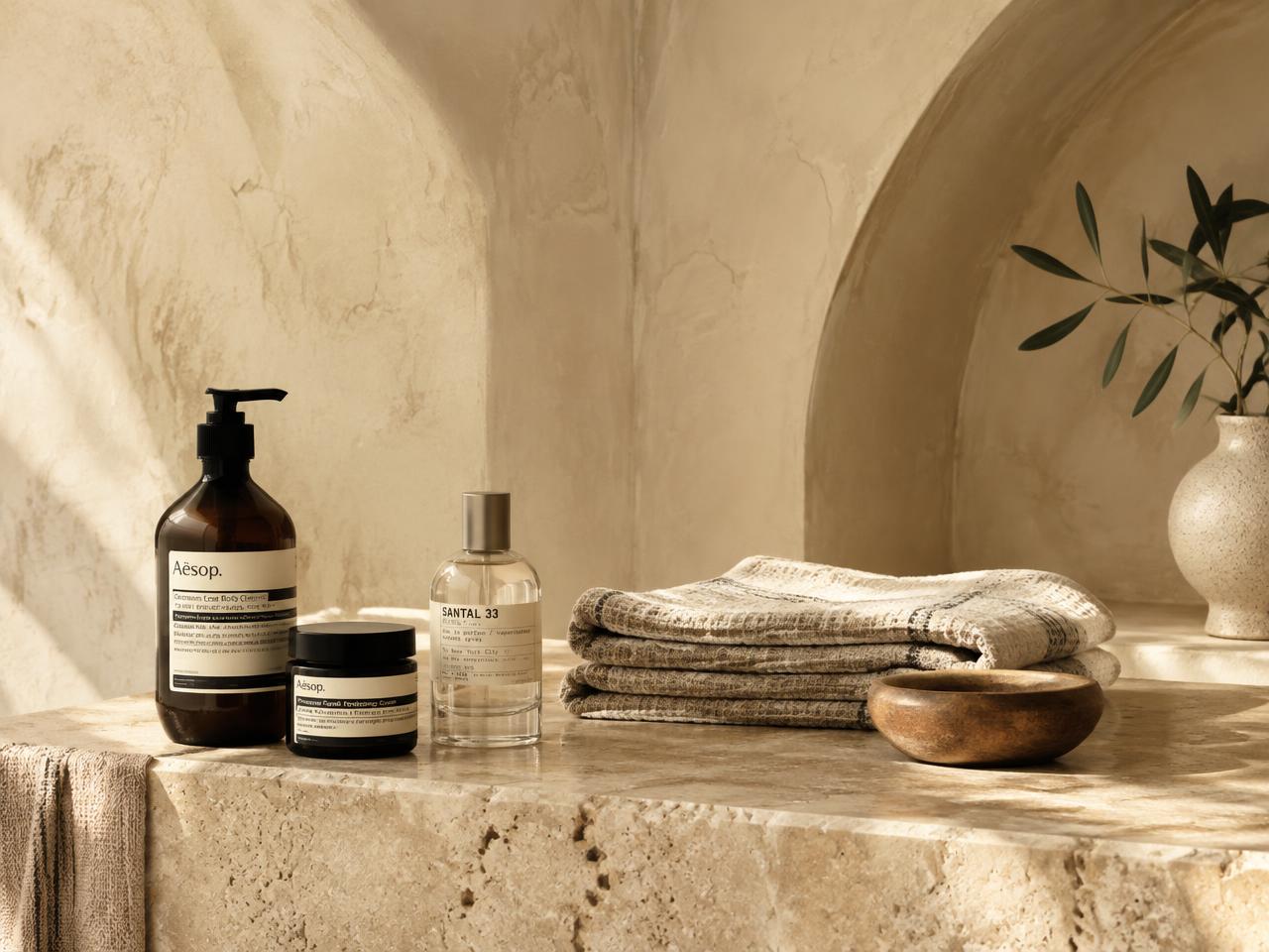 Skincare products and folded linen towels on a stone ledge
