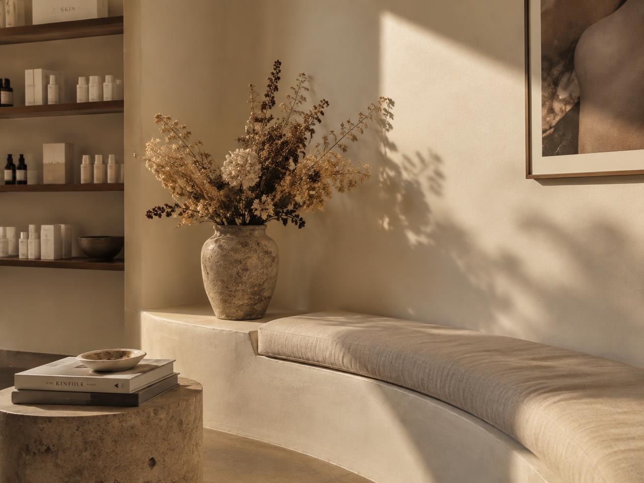 Curved plaster bench with dried flowers in afternoon light